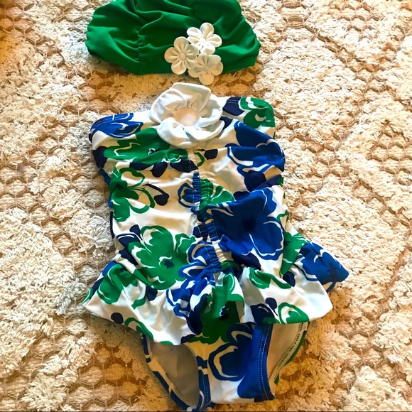 Janie and jack flower swimsuit swim cap green 24 - Picture 2 of 5